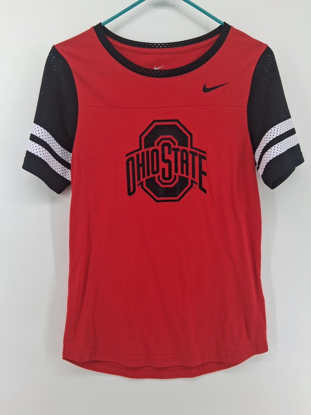 Nike Red Ohio State Logo Short Sleeve Tee with Black Mesh Sleeves